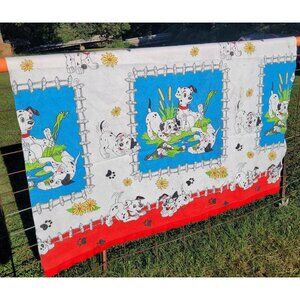 FLAW Vtg Disney 101 Dalmatians Puppies Scene Blanket w Red Binding  87" x 70"